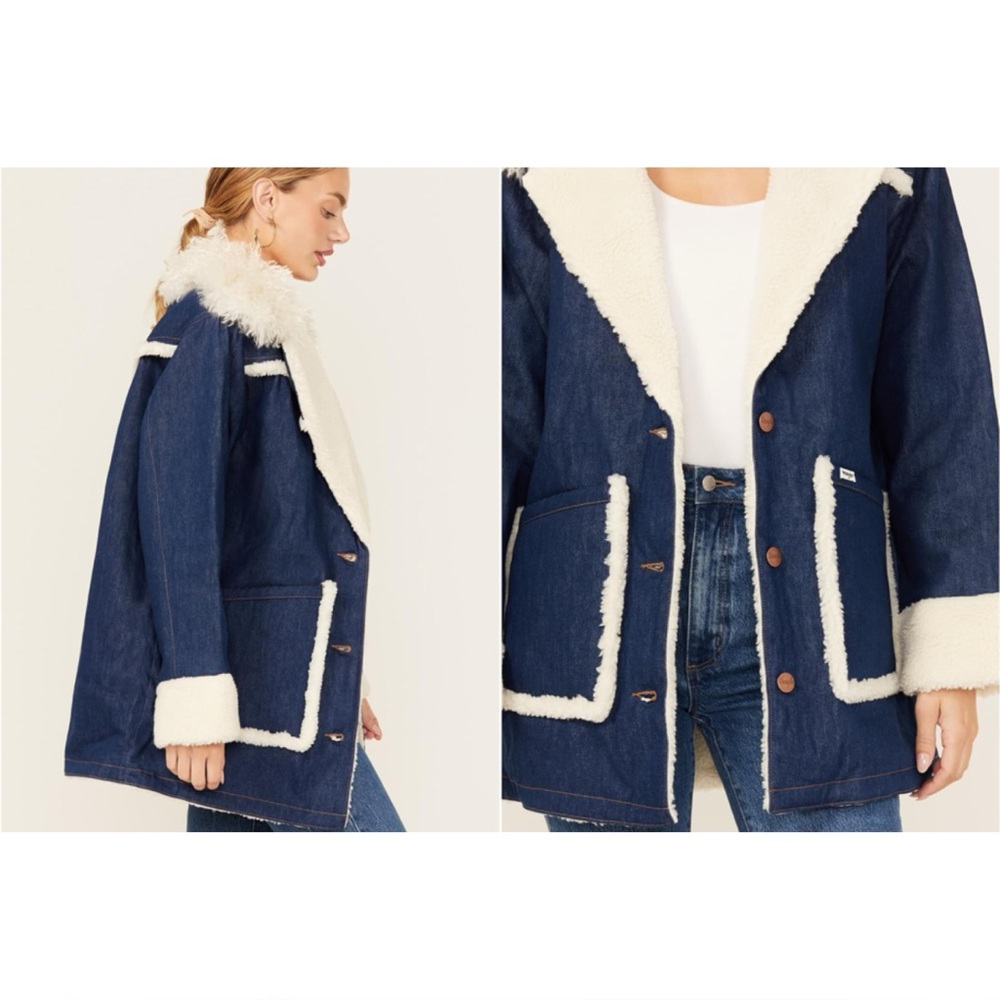 Denim Blue and White Shearling Coat